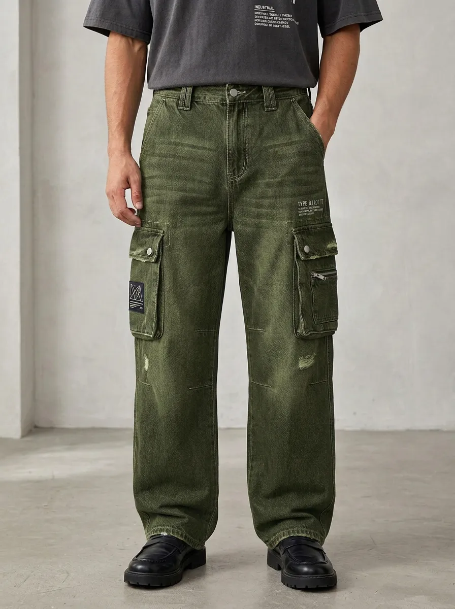 Men's Industrial Style Type 8 Graphic Denim Cargo Jeans