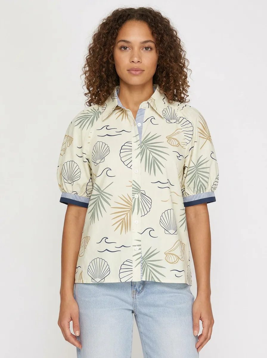 Women's Beach Vacation Seashell Palm Leaf Printed Button-up Shirt