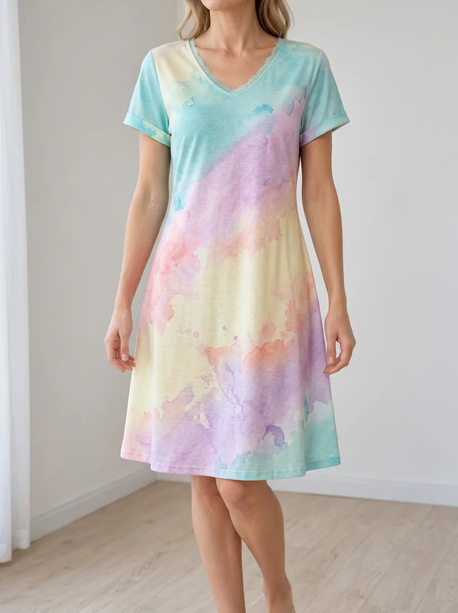 Women's A-Line Watercolor Print V-Neck T-Shirt Dress