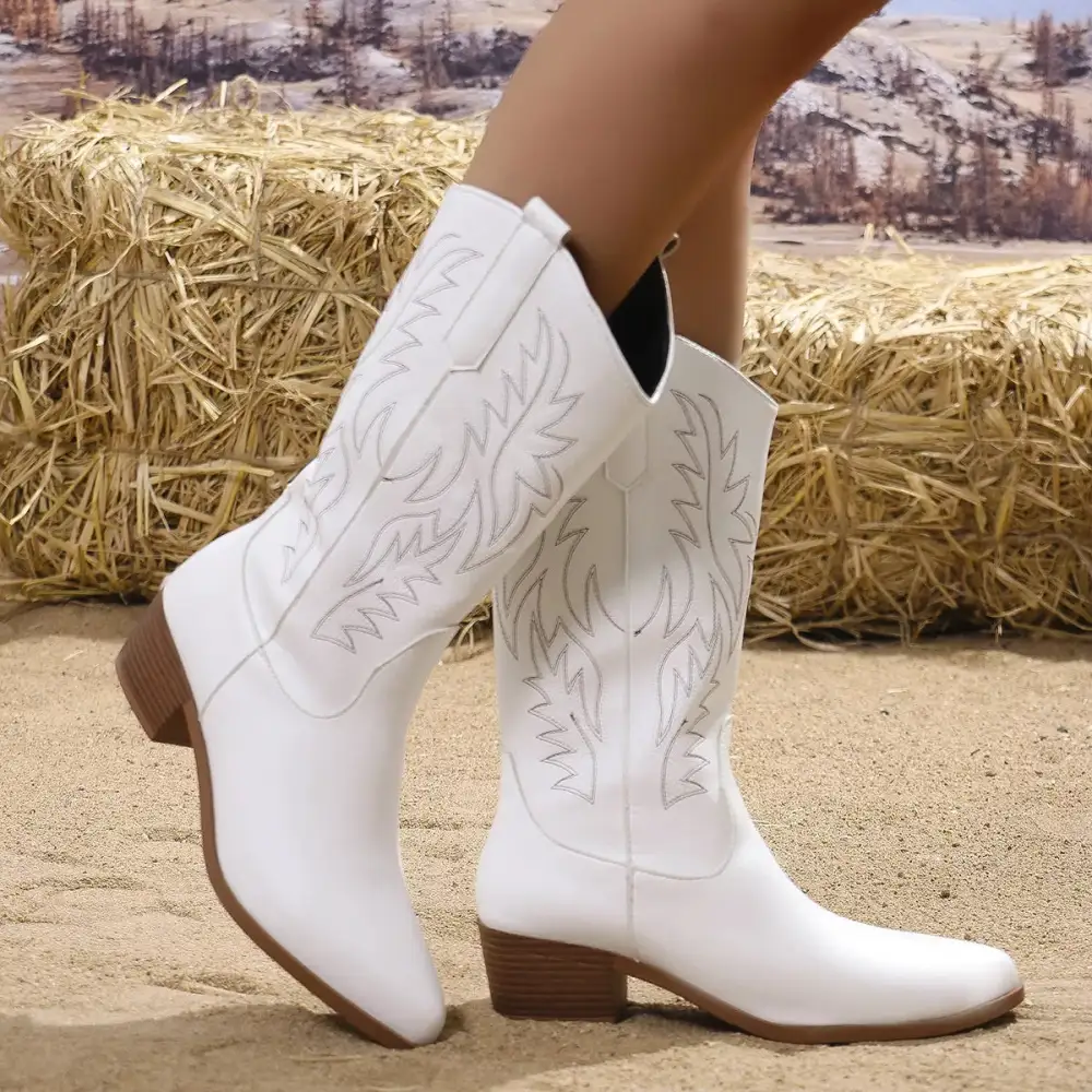 Classic Embroidered Point Toe Block Heels Boots