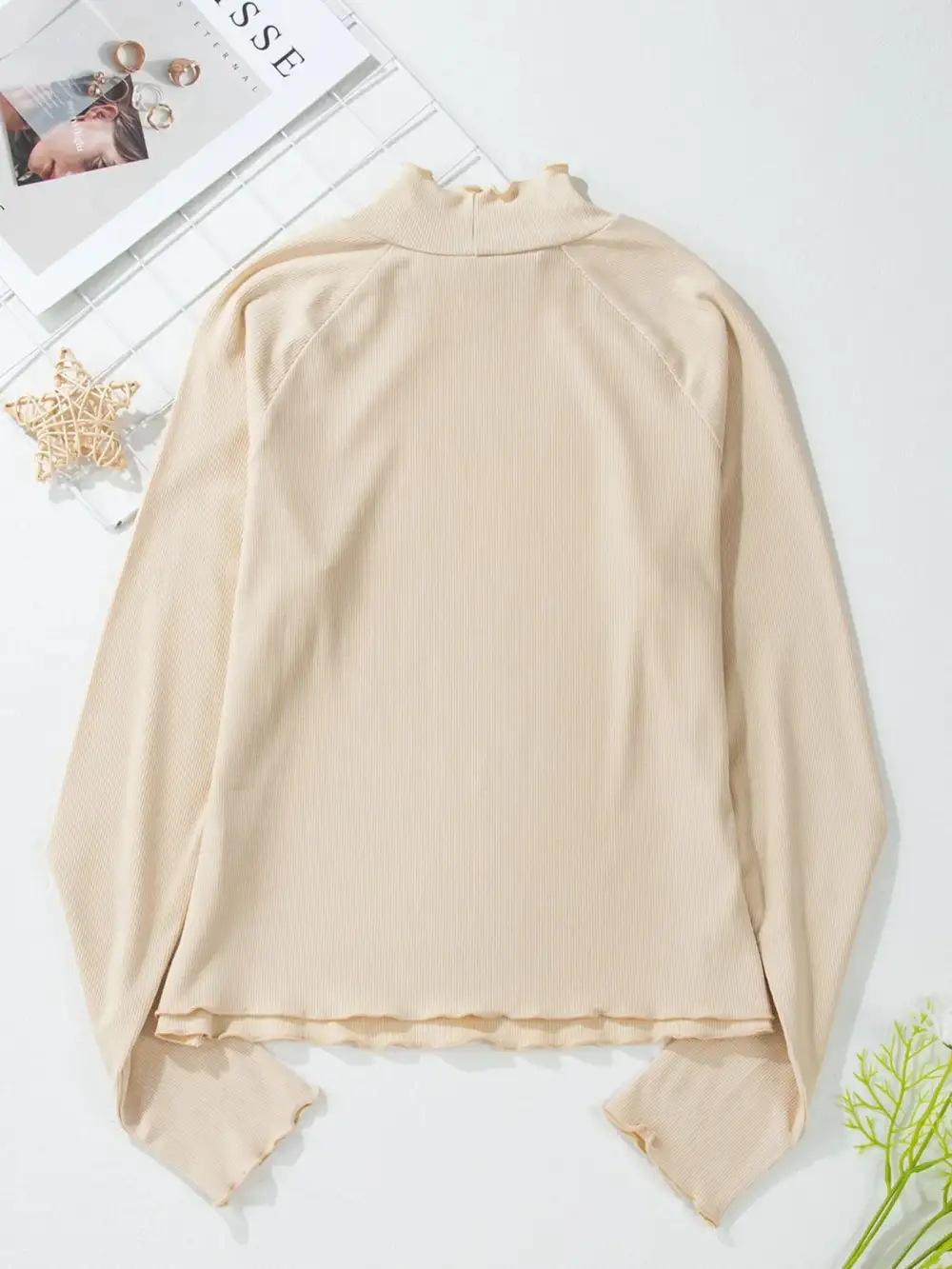 Ribbed Knit Lettuce Trim Mock Neck Long Sleeve Top