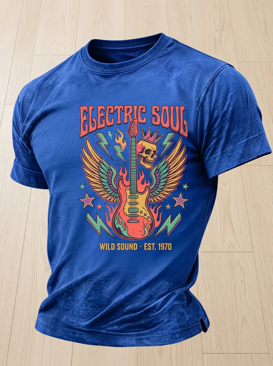 Unisex Rock Music Lover Electric Guitar Skull Wings Printed T-shirt