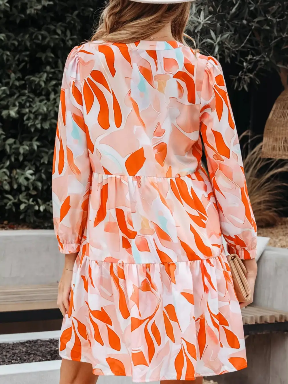 Abstract Print Tiered Long Sleeve Mini Dress