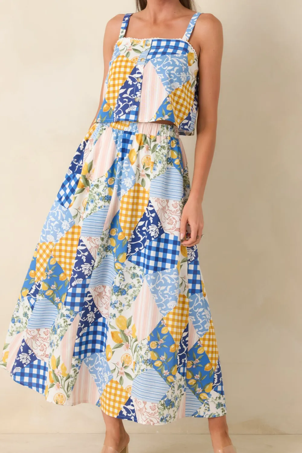 Multicolor Patchwork Print Midi Skirt
