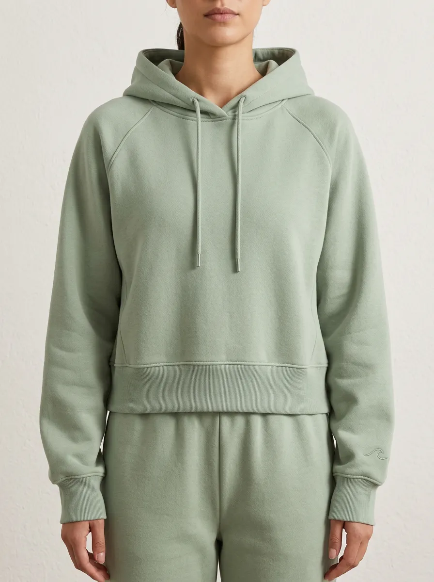 Women's Minimalist Sage Green Wave Embroidered Hoodie