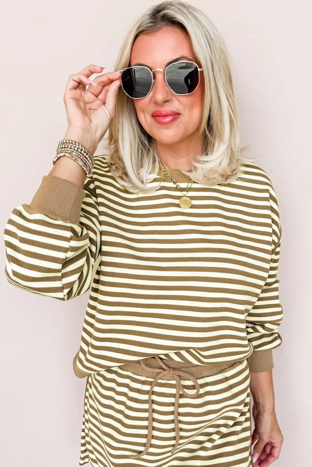 Lightweight Feel Striped Drawstring Drop Shoulder Skirt Set