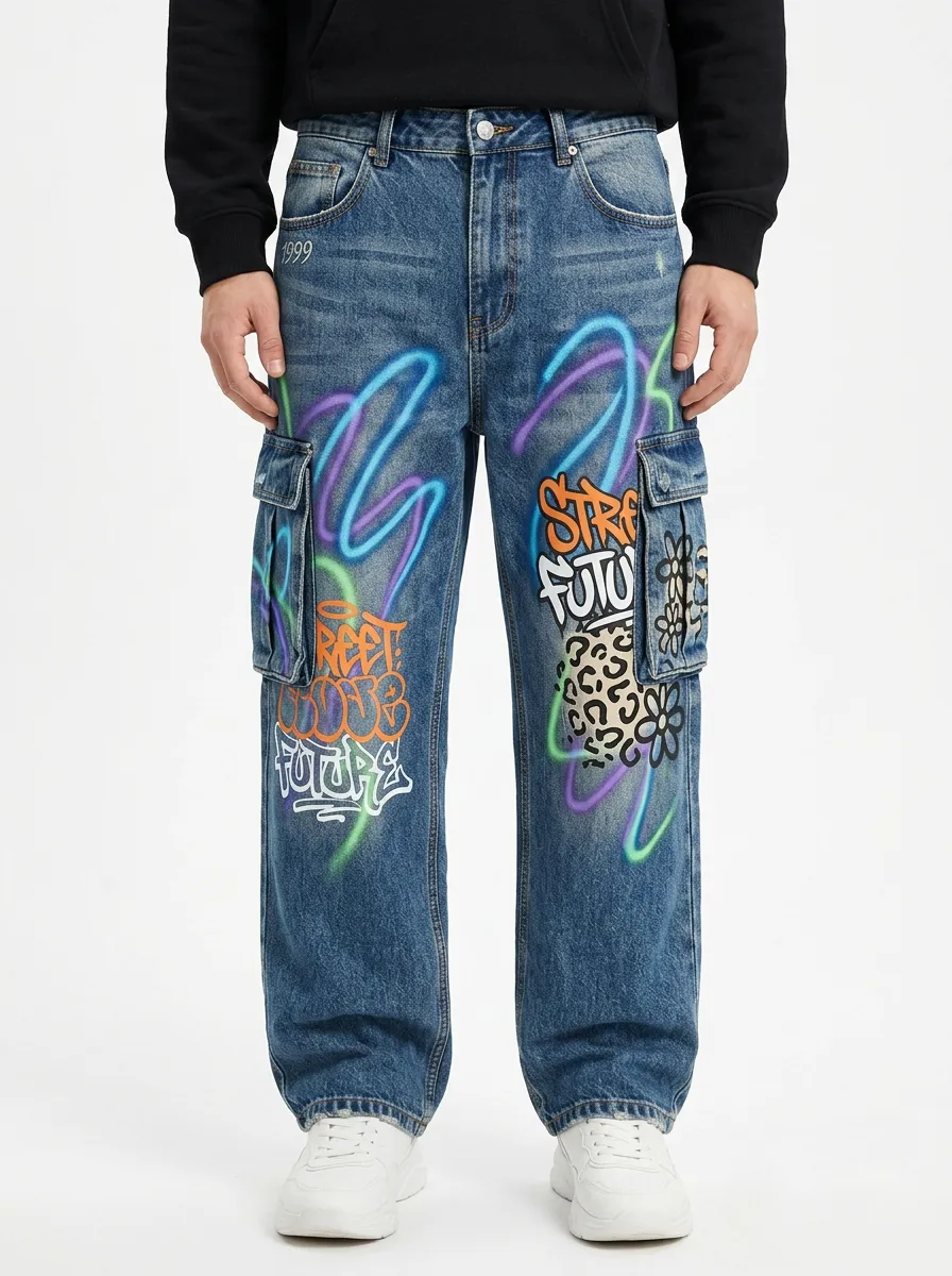 Men's Streetwear Graffiti Leopard Print Baggy Graphic Cargo Jeans