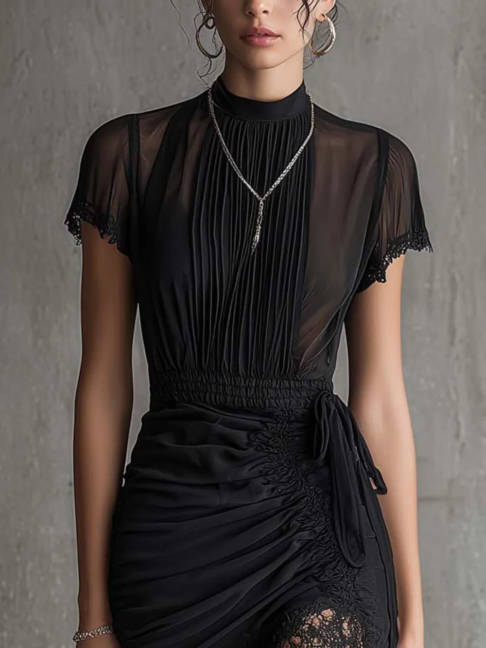 Pleated Lace Trim Mini Dress