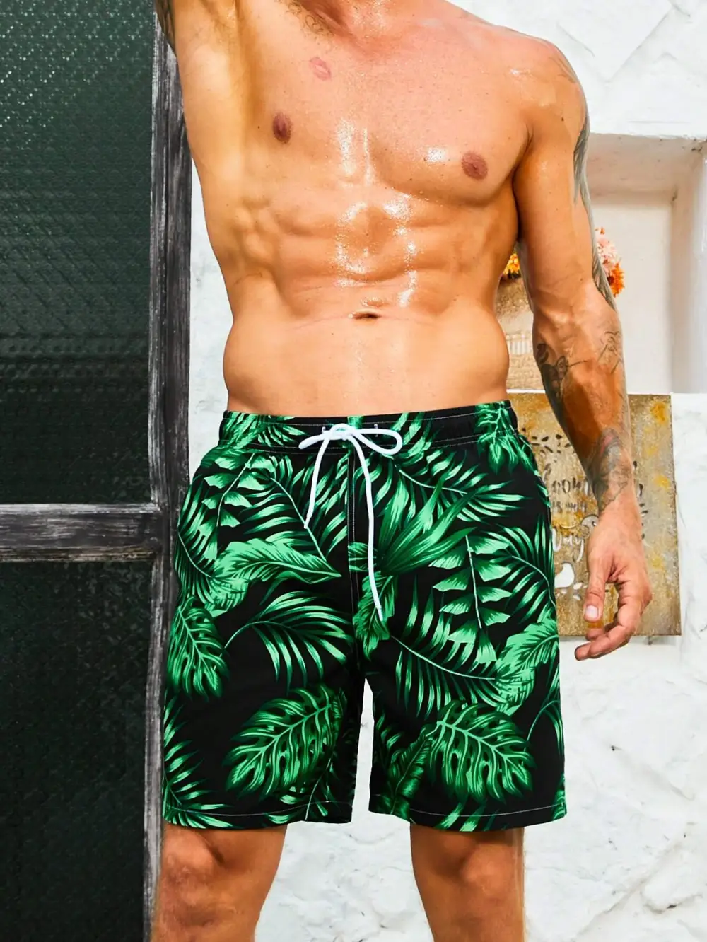 Men's Leaves Print Drawstring Swim Trunks
