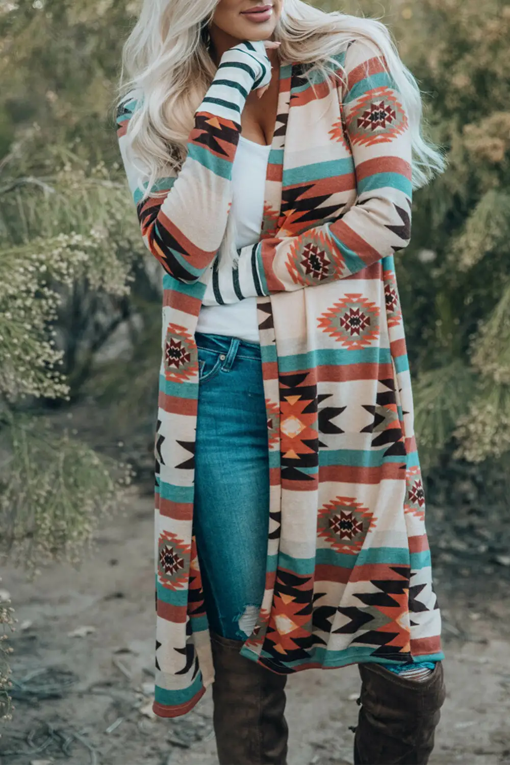 Open Front Longline Geometric Cardigan