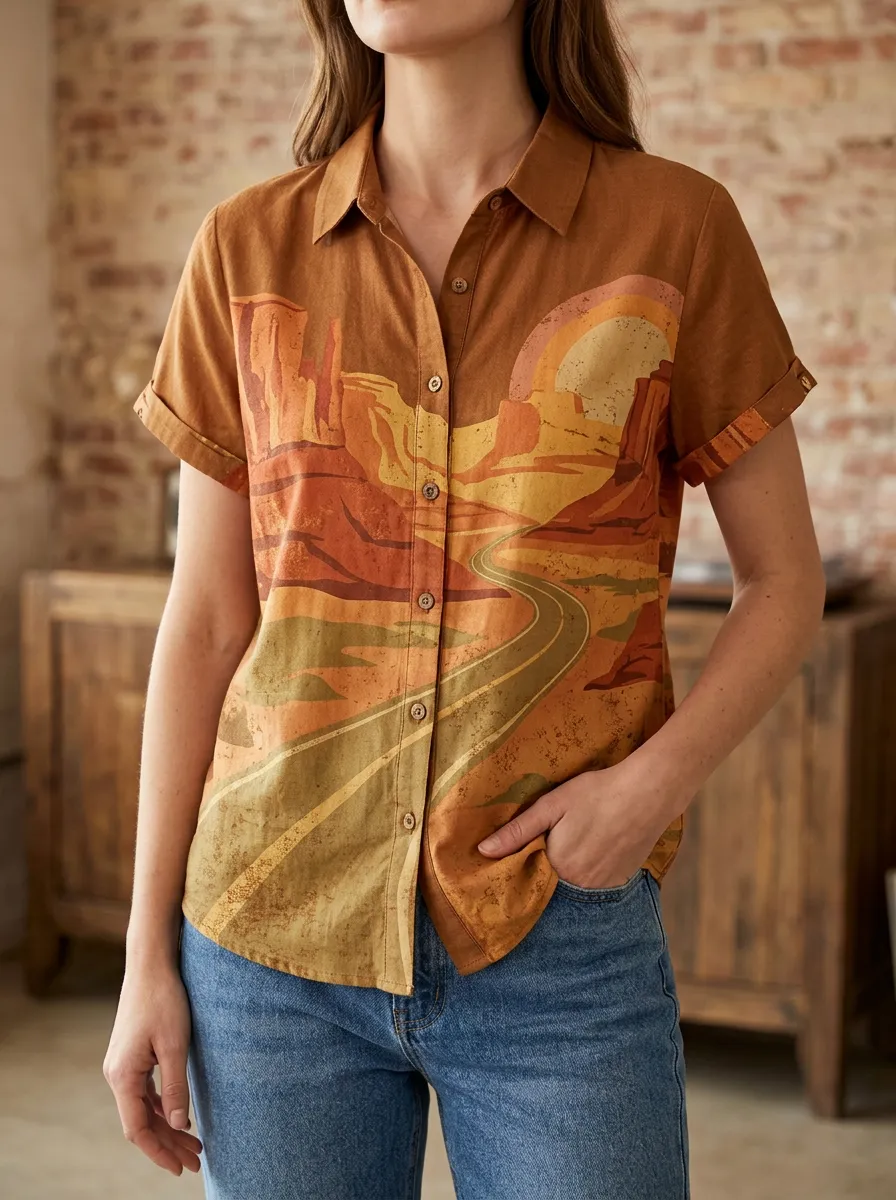 Women's Retro Desert Landscape Printed Shirt