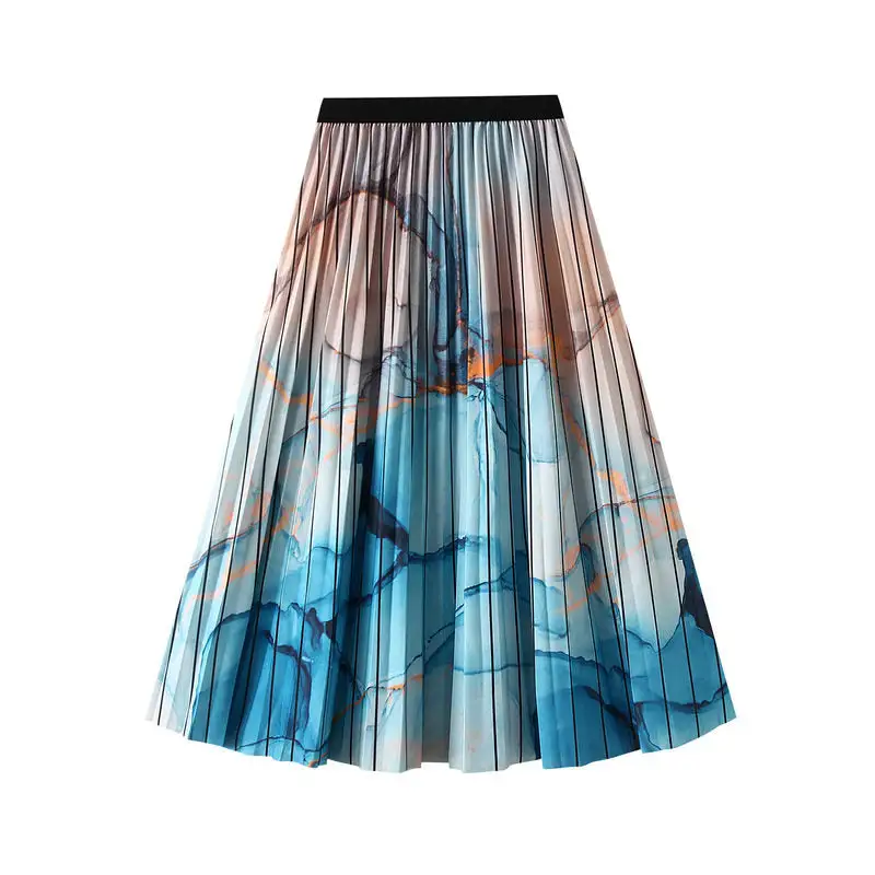 Structured High Waist Gradient Print Pleated Midi Skirt