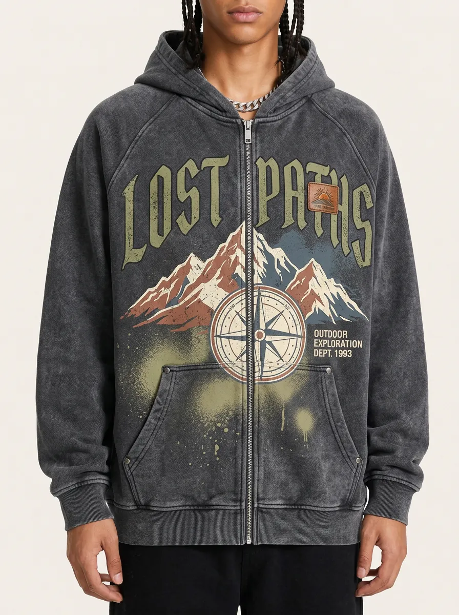 Men's Outdoor Adventure Lost Paths Mountain Compass Printed Zip-up Hoodie
