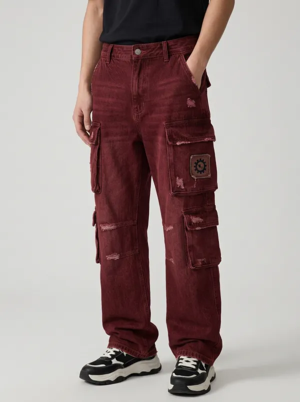 Men's Streetwear Gear Logo Distressed Denim Cargo Jeans