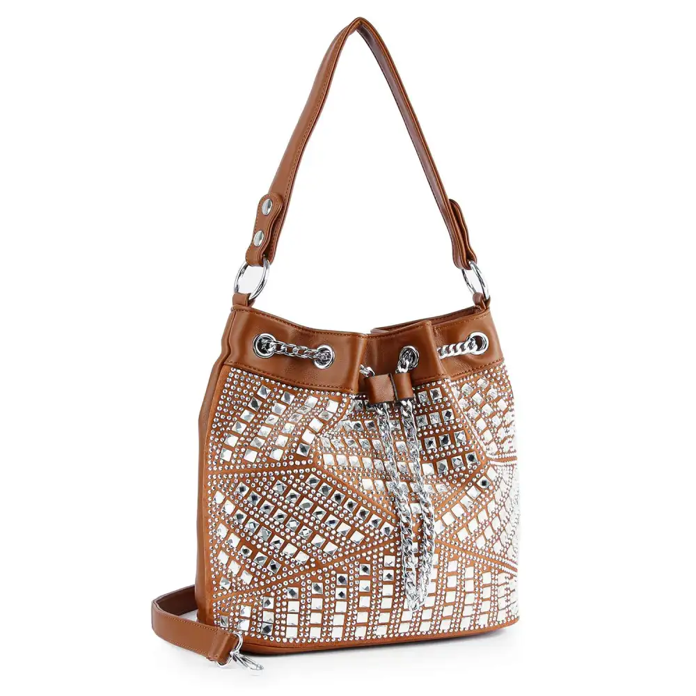 Relaxed Detail Crystal Accent Drawstring Pocketed Faux Leather Hobo Shoulder Bag