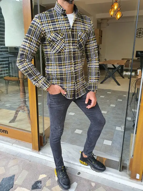 Classic Long Sleeve Slim Fit Cotton Plaid Casual Shirt