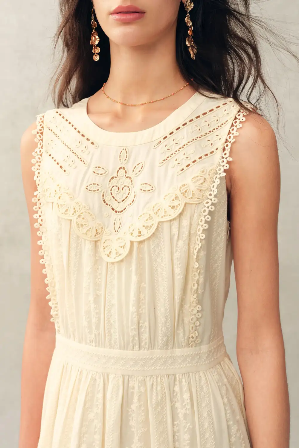 Sleeveless Lace Embroidered Cotton Jacquard Midi Dress
