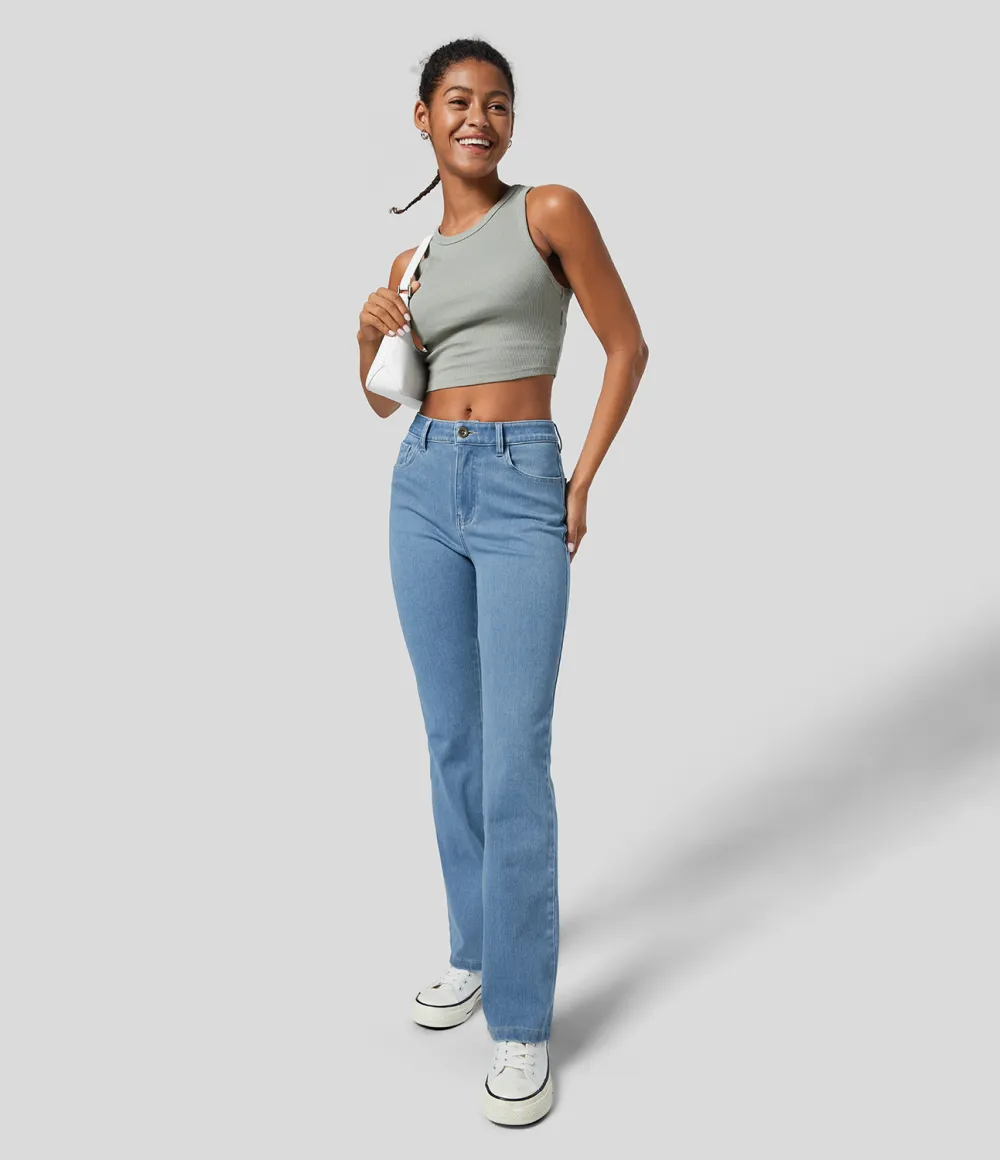 Magic Mid Rise Button Pockets Stretchy Knit Casual Bootcut Jeans