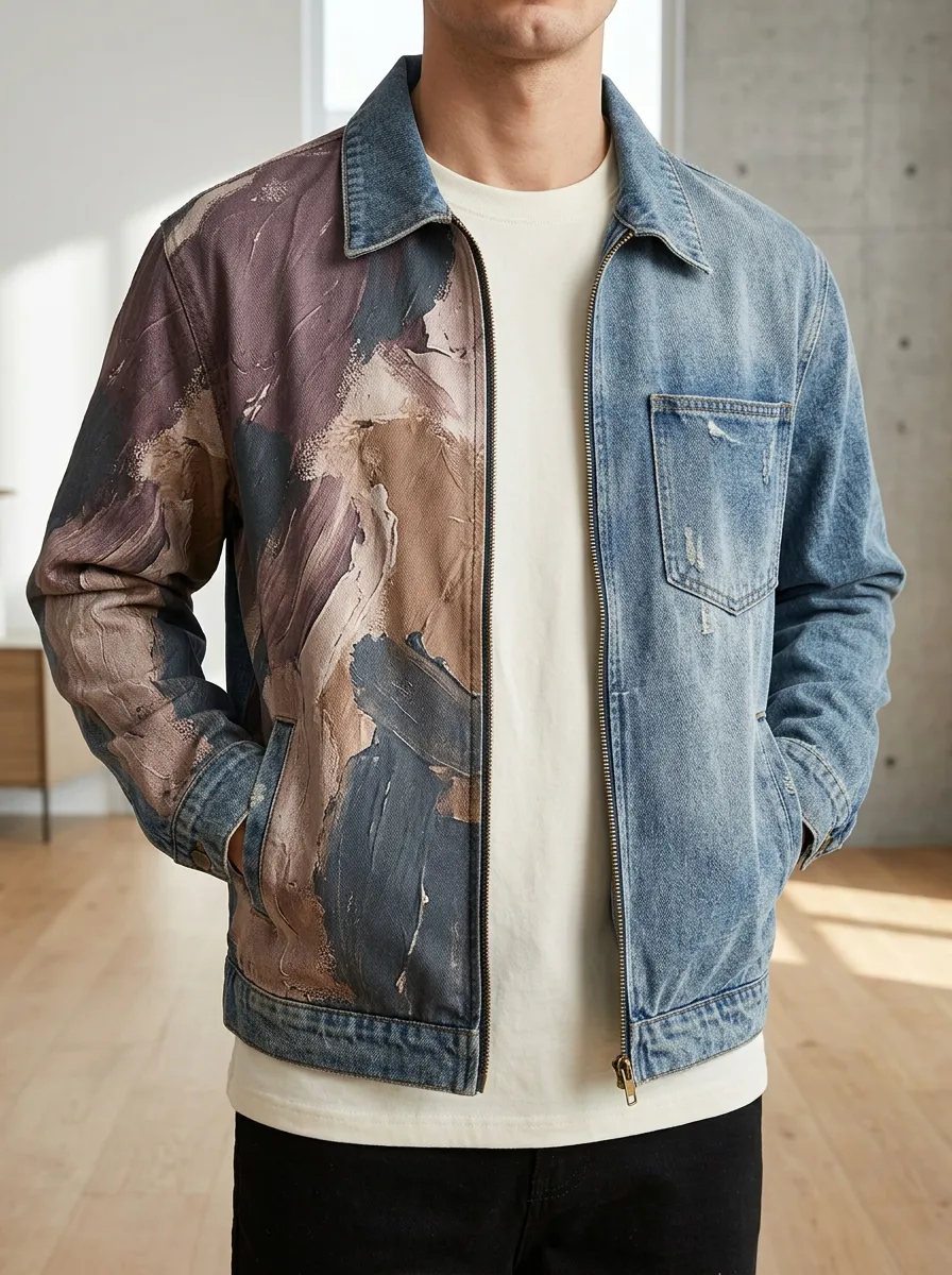 Men's Abstract Oil Painting Denim Rugged Adventure Jacket