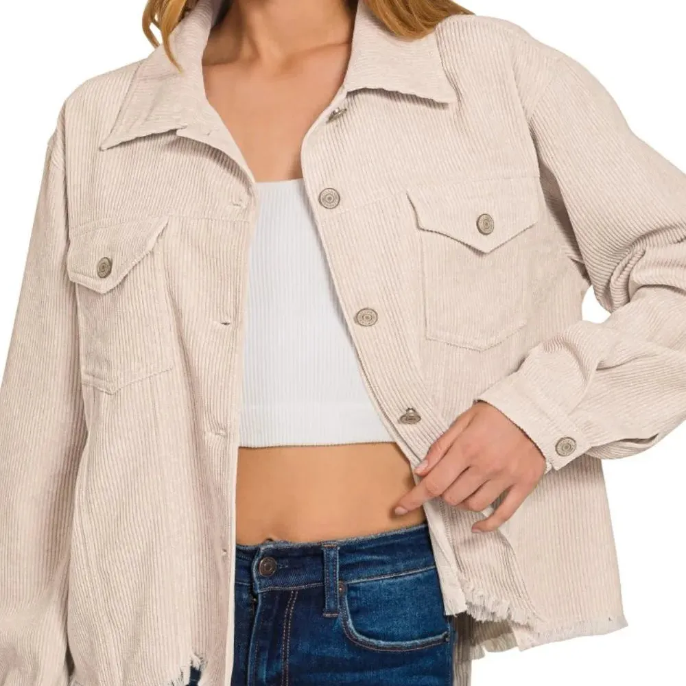 Button Front Distressed Corduroy Cropped Casual Jacket