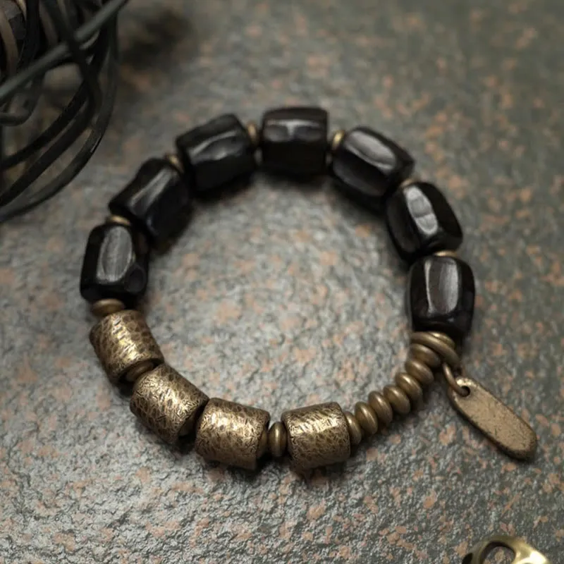 Natural Vintage Ebony Wood Copper Beads Bracelet
