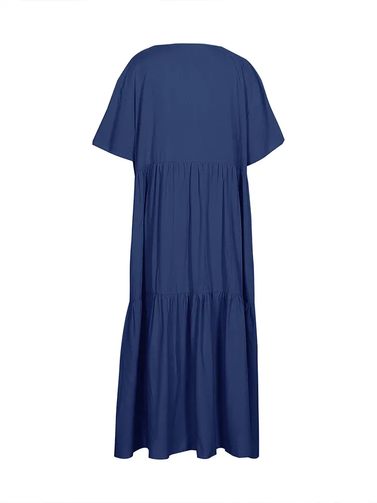 V-Neck Short Sleeve Pleated Midi Dress