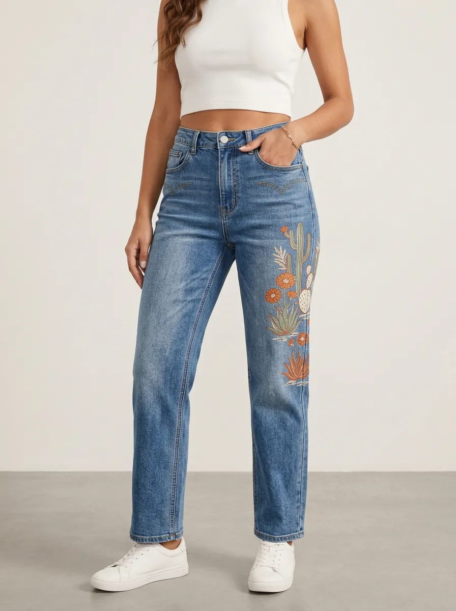 Women's Western Desert Cactus Floral Printed Straight Leg Jeans