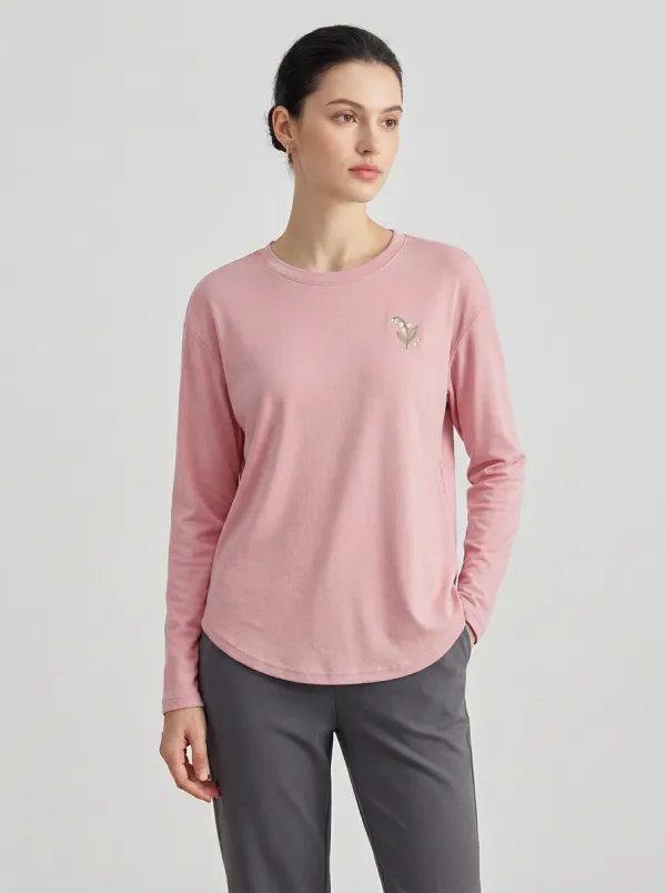 Women's Lily-of-the-Valley Embroidered Long-Sleeve Crew-Neck T-Shirt