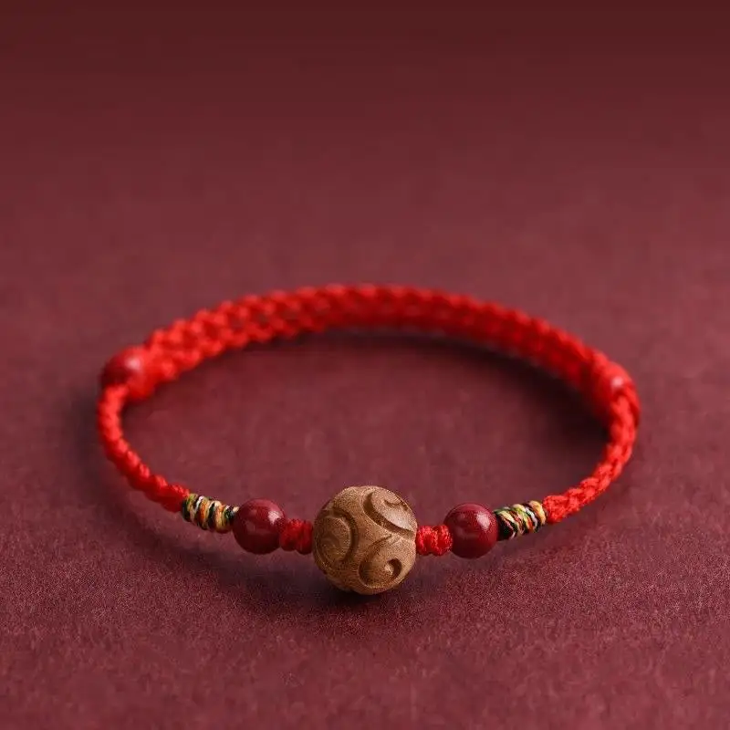 Carved Pattern Natural Peach Wood Rope Bracelet