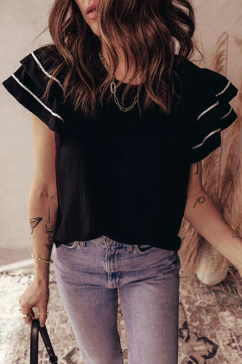 Women's Textured Short Sleeve Ruffled Top