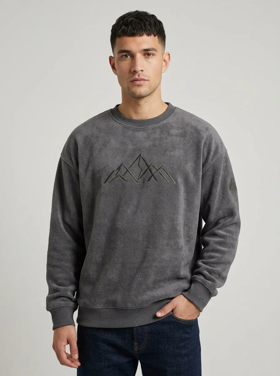 Men's Charcoal Grey Outdoor Mountain Graphic Fleece Sweatshirt