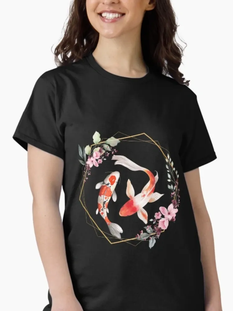 Women's Chinese-style koi-print round-neck short-sleeved T-shirt
