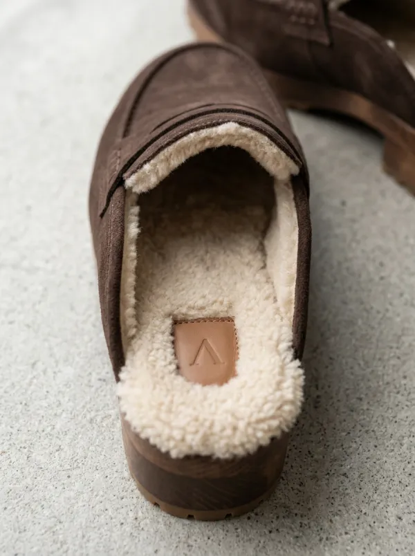 Women's Outdoor Faux Fur Lined Suede Wood Sole Loafers