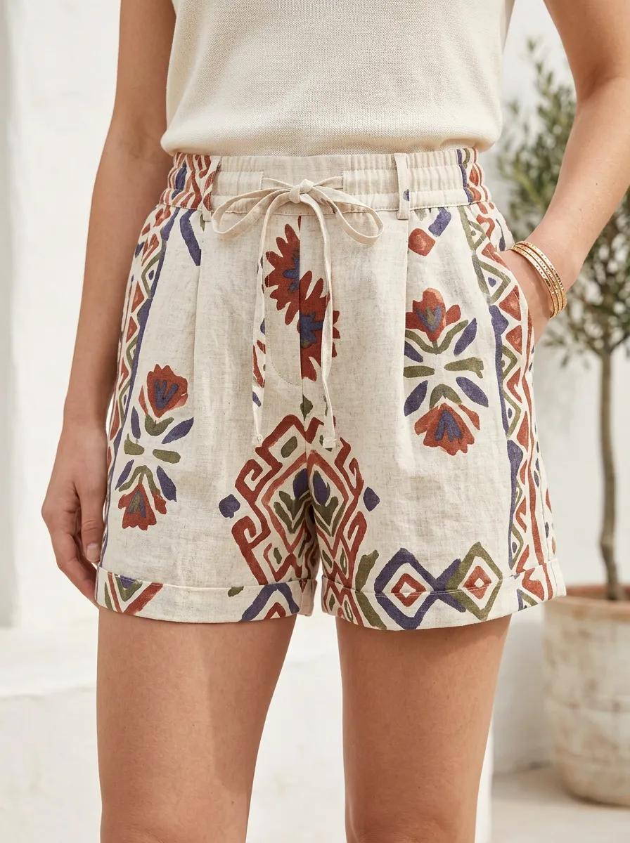 Women's Boho Floral Geometric Printed Linen Shorts