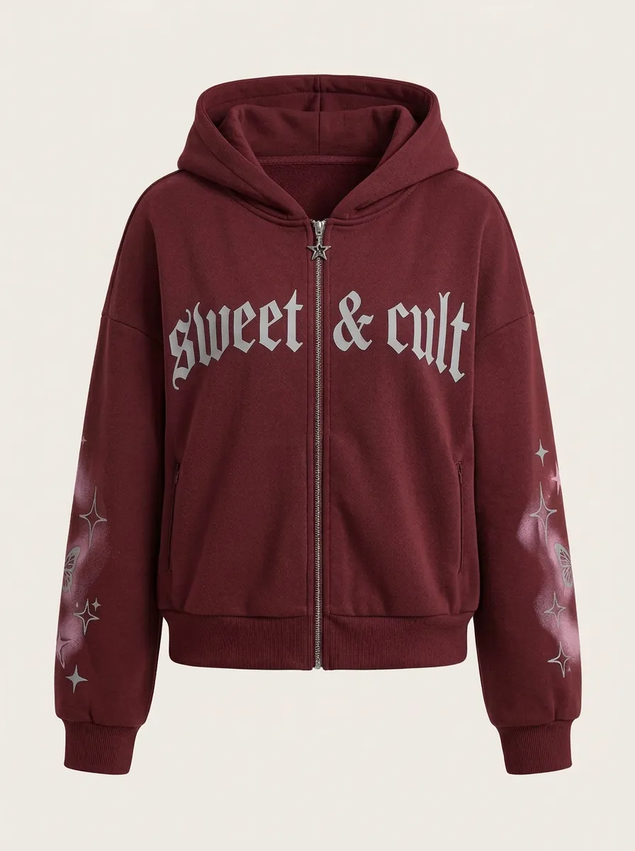 Women's Streetwear Sweet & Cult Butterfly Star Printed Zip Up Hoodie