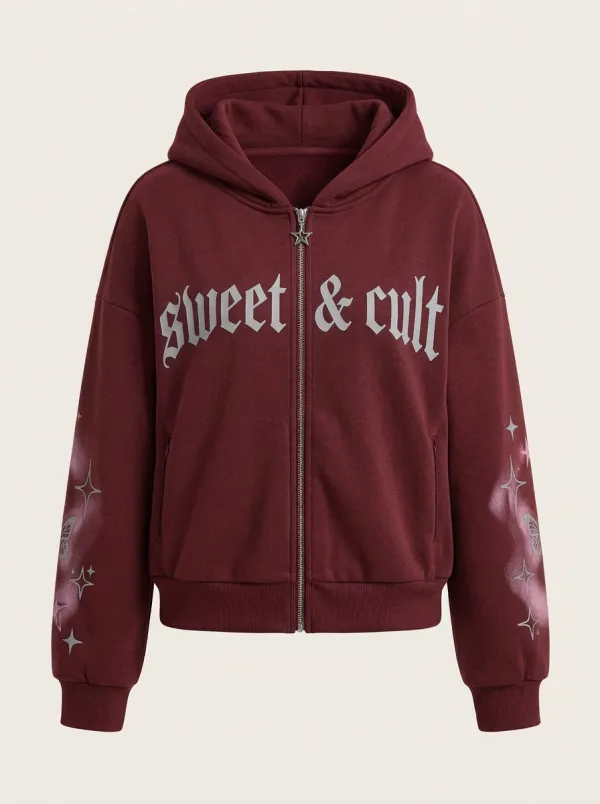 Women's Streetwear Sweet & Cult Butterfly Star Printed Zip Up Hoodie