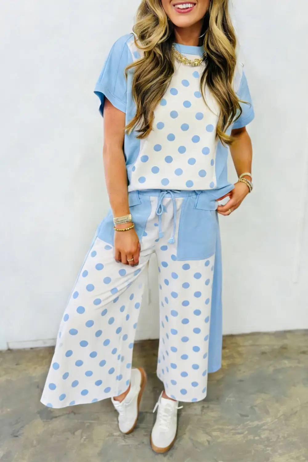 Classic Patchwork Polka Dot Wide Leg Two Piece Set