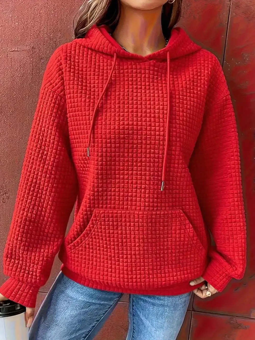 Drawstring Pocketed Textured Knit Hoodie