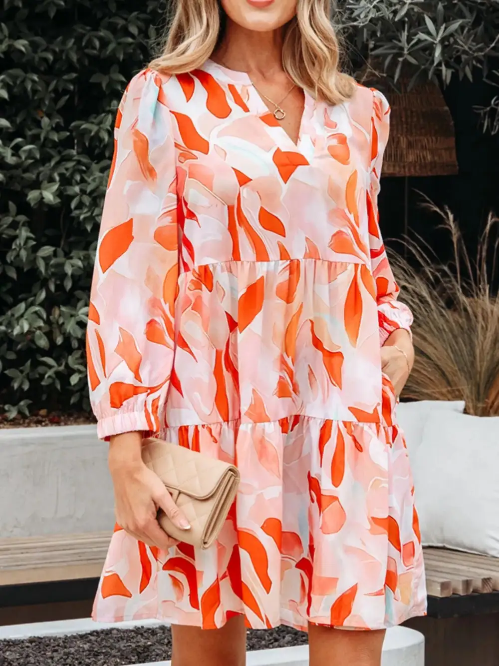 Abstract Print Tiered Long Sleeve Mini Dress