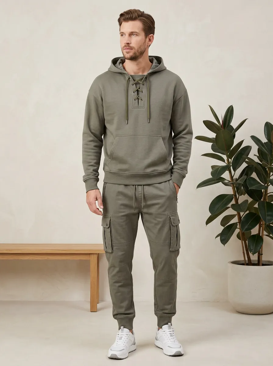 Functional Lace-Up Multi Pocket Daily Wear Men's Lace Up Hoodie And Cargo Jogger Set
