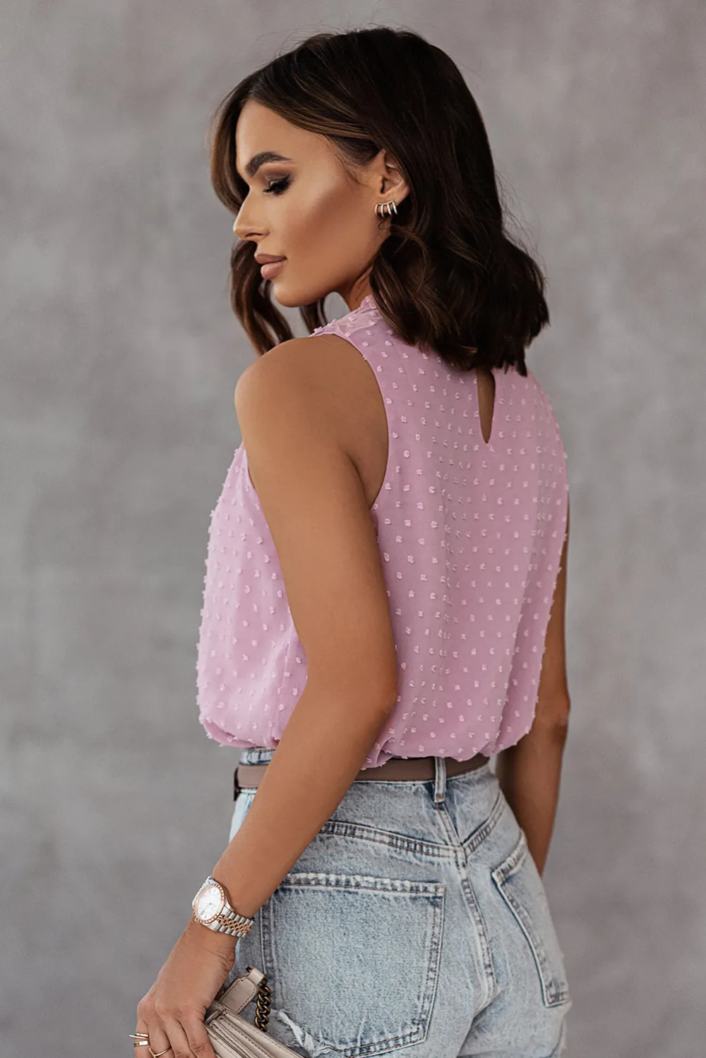 Pink Swiss Dot Sleeveless Ruffle Tank Top