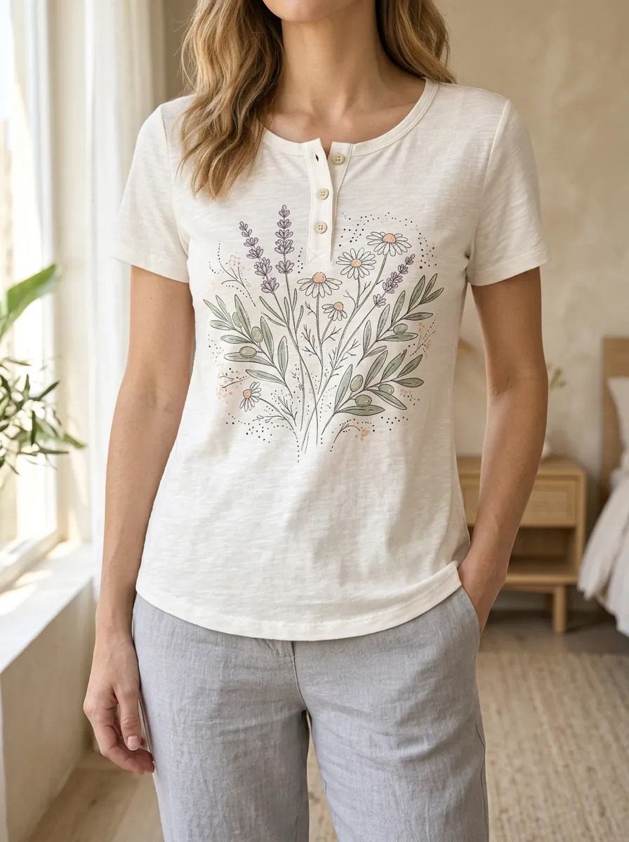Women's Botanical Lover Lavender Daisy Printed Henley T-shirt