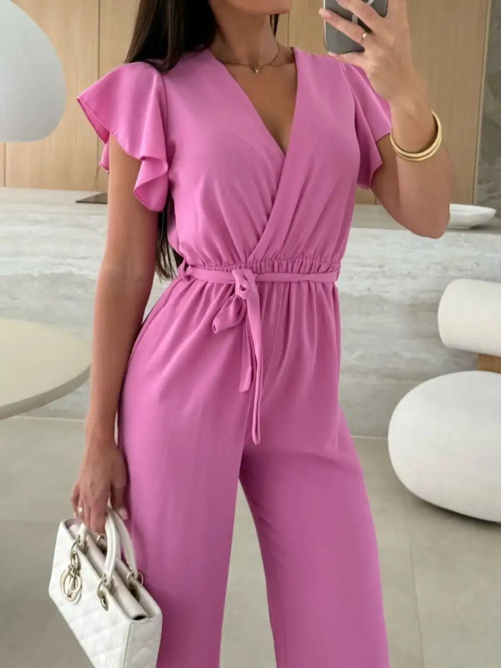 Surplice Wide Leg Belted Jumpsuit Pants