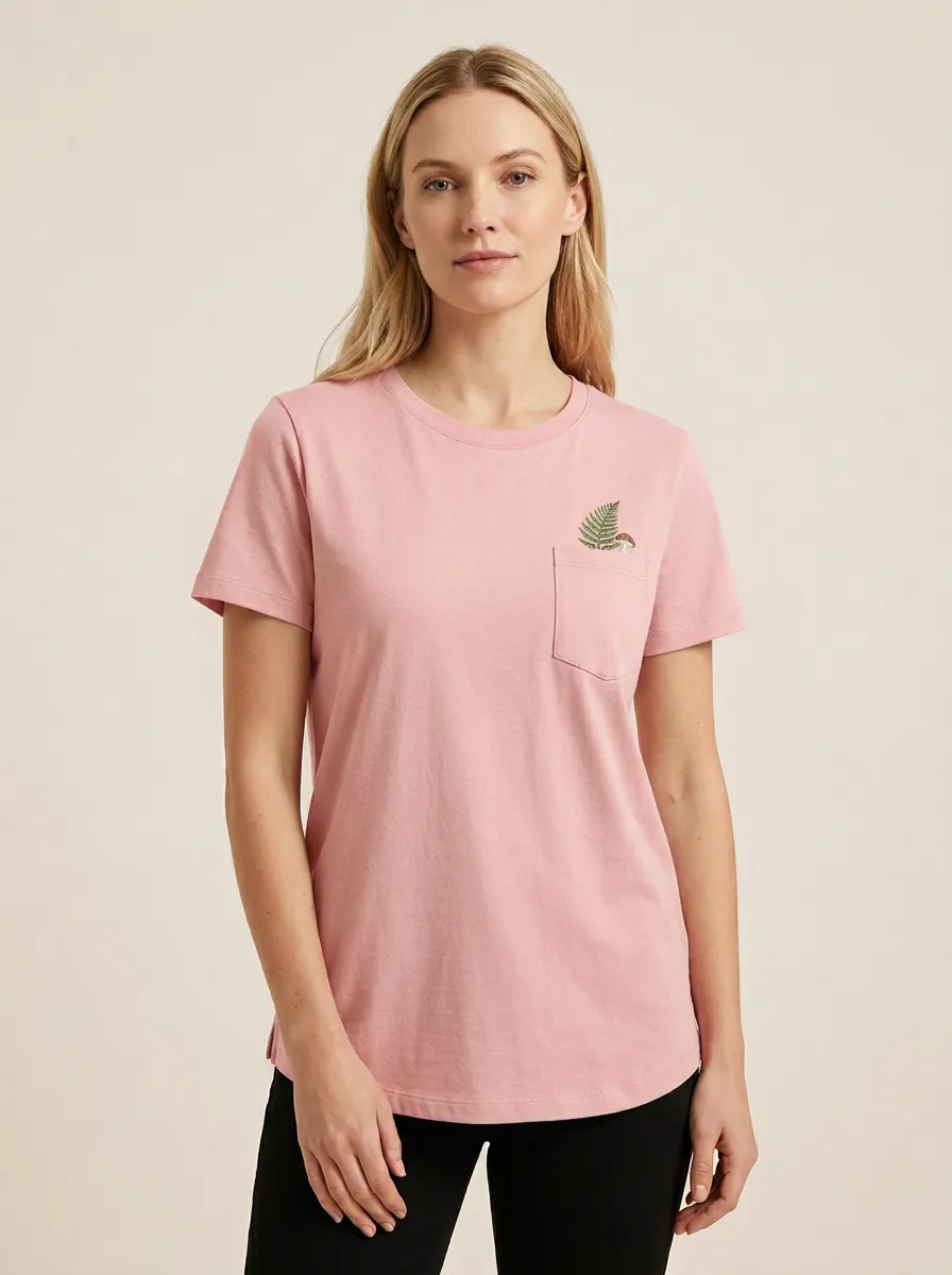 Women's Fern & Mushroom Relaxed Embroidered Pocket Crewneck T-Shirt