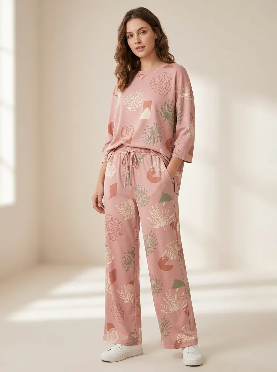 Women's Botanical Geometric Print Three-Quarter-Sleeve Top And Drawstring Straight-Leg Trouser Lounge Set