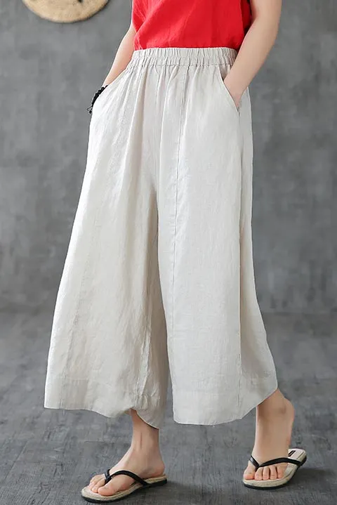 Tailored Linen Wide Leg Elastic Waist Pocketed Trousers