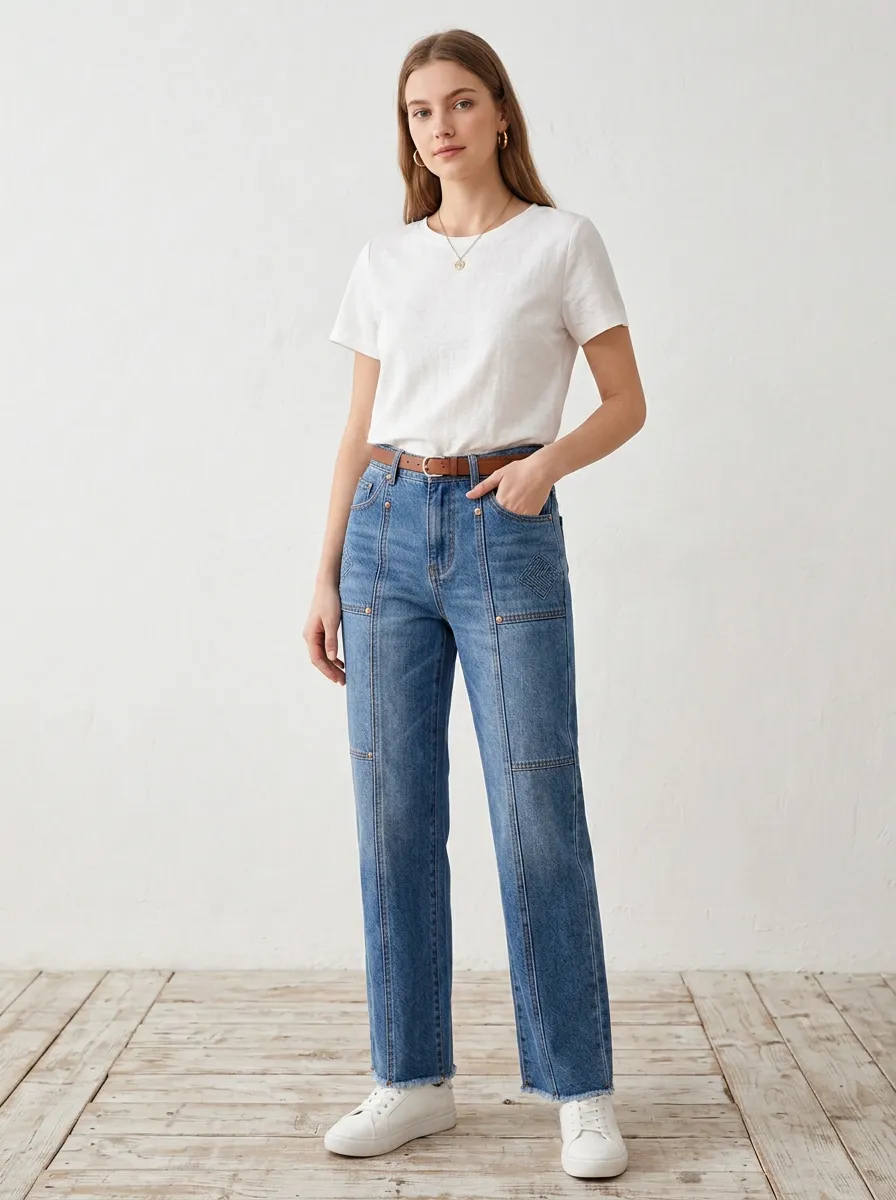 Women's Casual Fashion Geometric Embroidered Seamed Denim Pants