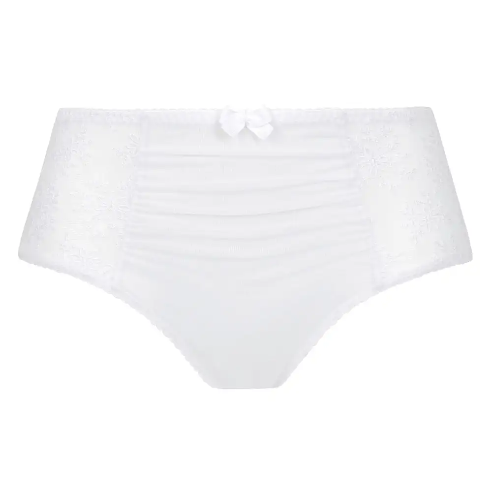 Women's Mid Rise Flat Seams Elastic Waistband Cotton Gusset Embroidery Mesh Sheer Detail Cotton Satin Decorative Bow Lightweight Brief Panty