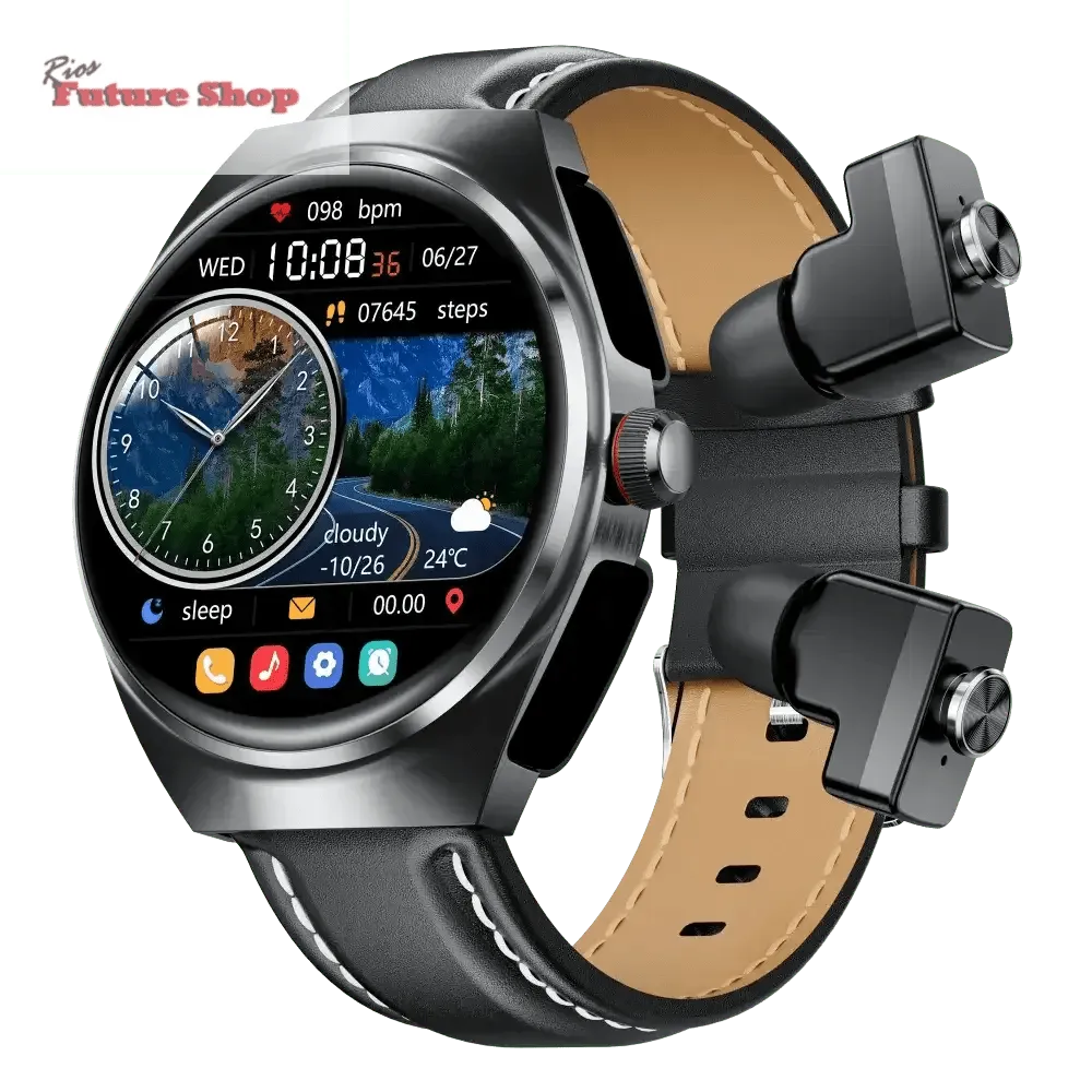 Smart Watch Leather Band with Earbuds 2 in 1