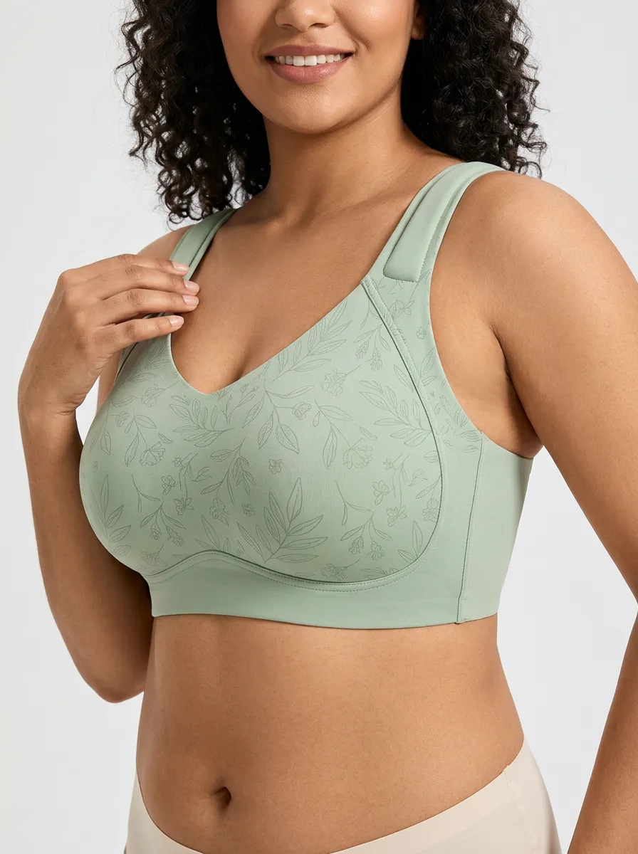 Women's Plus Size Sage Green Floral Outline Full-Coverage V-Neck Wireless Bra